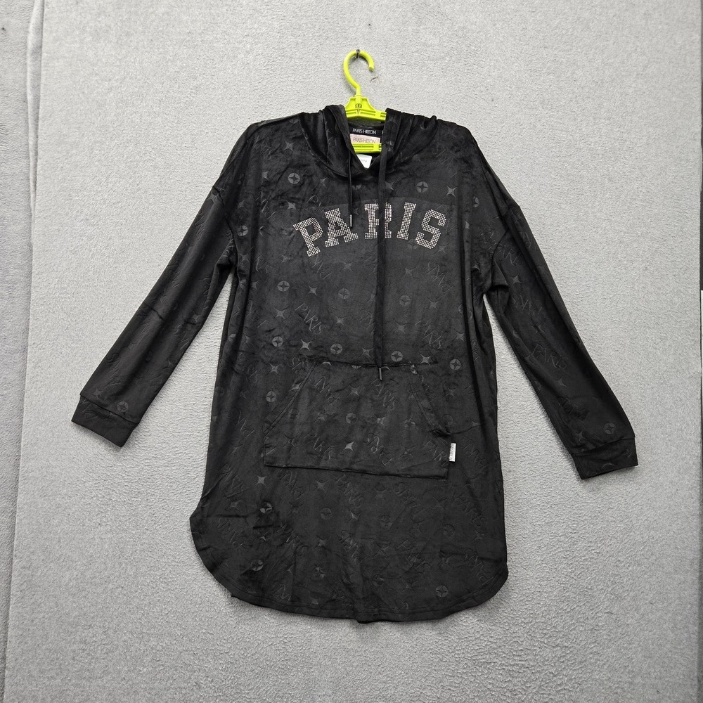Paris Hilton Women Sleepwear M Black Hoodie Spellout Velour Rhinestone Tunic